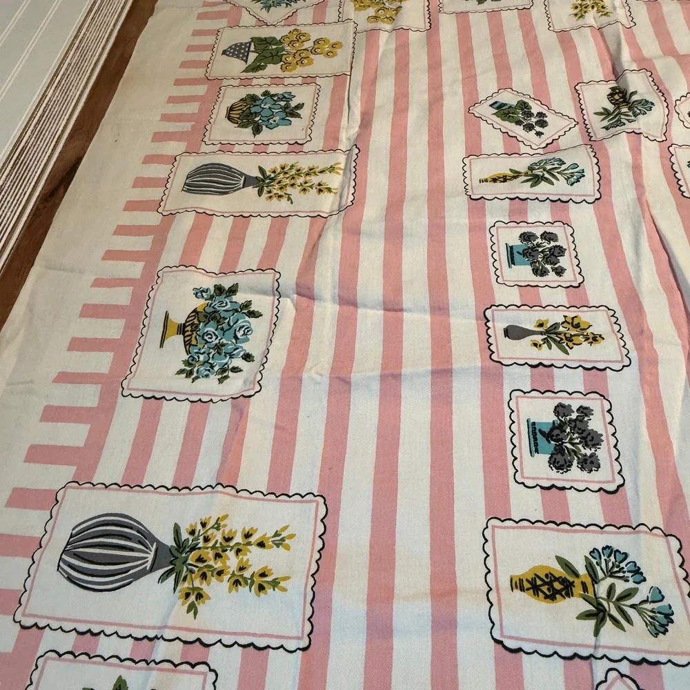 Vintage Floral Striped Tablecloth Pink White Botanical MCM 50x65 Cottagecore